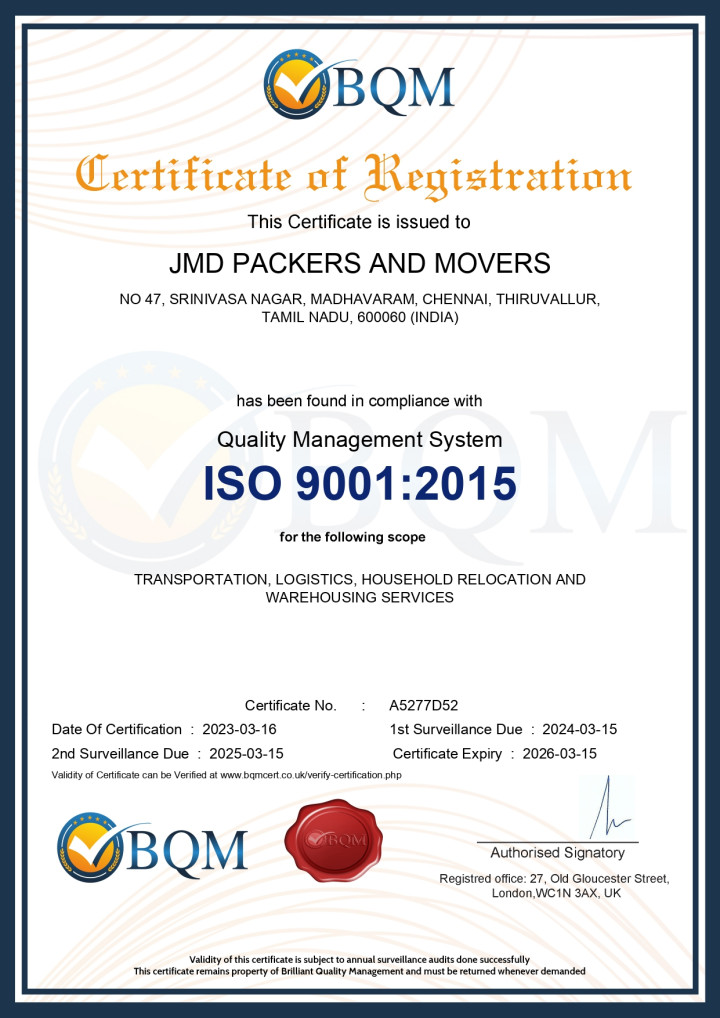 JMD Packers And Movers Chennai - ISO 9001-2015 Certified